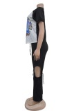 Pink Casual Print Hollow Out Patchwork O Neck Short Sleeve Two Pieces