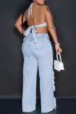 Sky Blue Sexy Casual Solid Color Ripped Backless Belted Halter Sleeveless Two Pieces