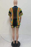 Red Casual Patchwork Contrast V Neck Short Sleeve Two Pieces
