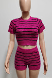 Rose Red Casual Striped Patchwork O Neck Short Sleeve Two Pieces