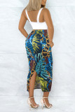 Turquoise Casual Floral Print Slit Skinny High Waist Conventional Full Print Skirts
