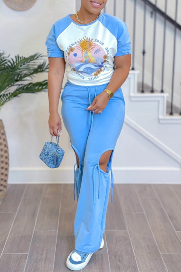 Blue Casual Print Hollow Out Patchwork O Neck Short Sleeve Two Pieces