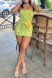 Fluorescent Green Sexy Print Backless Strapless Wrapped Skirt Dresses