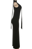 Black Celebrities Solid Color Hollow Out Patchwork O Neck Long Dresses