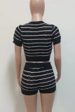 Rose Red Casual Striped Patchwork O Neck Short Sleeve Two Pieces