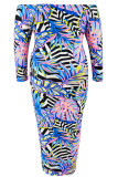 Blue Celebrities Print Buckle Patchwork Backless Off Shoulder Long Plus Size Dresses