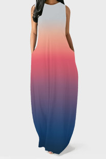 White Blue Casual Gradient Print Pocket Contrast O Neck Vest Dresses