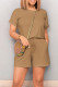 Khaki Casual Solid Color Draw String Pocket Patchwork O Neck Loose Rompers