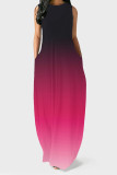 Red Purple Casual Gradient Print Pocket Contrast O Neck Vest Dresses