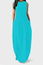 Baby Blue Casual Solid Color Pocket O Neck Vest Dresses