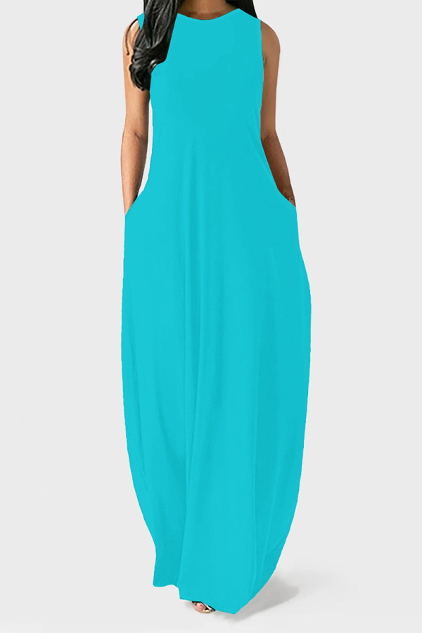 Baby Blue Casual Solid Color Pocket O Neck Vest Dresses