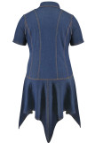 Deep Blue Street Solid Color Buckle Patchwork Ruched Turndown Collar Irregular Plus Size Dresses