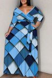 Blue White Elegant Print Patchwork Strap Design V Neck Long Plus Size Dresses