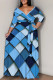 Dark Blue Elegant Print Patchwork Strap Design V Neck Long Plus Size Dresses