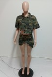Army Green Sexy Casual Camouflage Print Irregular Turndown Collar Short Sleeve Two Pieces