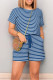 Blue White Casual Striped Patchwork Draw String Pocket O Neck Regular Rompers
