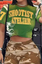 Green Casual Print Patchwork O Neck Short Sleeve Two Pieces