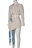 Apricot Street Solid Color Patchwork Strap Design Turn-back Collar Long Sleeve Two Pieces