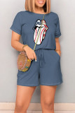 Red Casual Daily Tongue print Draw String Pocket O Neck Loose Rompers