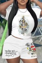 White Casual Street Print Letter O Neck Short Sleeve Two Pieces