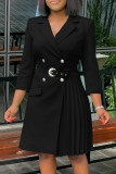 Green Celebrities Solid Color Buttons Patchwork Ruched V Neck A Line Dresses