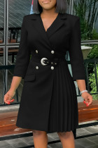 Black Celebrities Solid Color Buttons Patchwork Ruched V Neck A Line Dresses