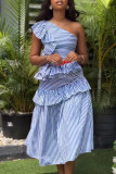 Light Blue Casual Striped Print Patchwork Oblique Collar Sleeveless Dresses
