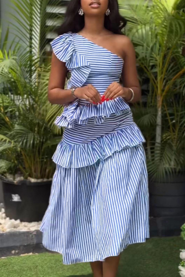 Light Blue Casual Striped Print Patchwork Oblique Collar Sleeveless Dresses