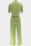 Green Casual Solid Color Pocket Buckle Patchwork Turndown Collar Short Sleeve Two Pieces