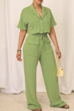 Green Casual Solid Color Pocket Buckle Patchwork Turndown Collar Short Sleeve Two Pieces