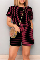 Black Red Casual Striped Patchwork Draw String Pocket O Neck Regular Rompers