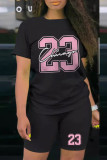 Black Casual Print Patchwork O Neck Short Sleeve Two Pieces