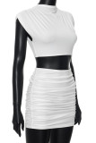 White Sexy Solid Color Patchwork Ruched O Neck Two Pieces