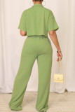 Green Casual Solid Color Pocket Buckle Patchwork Turndown Collar Short Sleeve Two Pieces