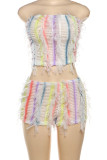 Colour Sexy Fringed Trim Hollow Out Patchwork Strapless Sleeveless Two Pieces