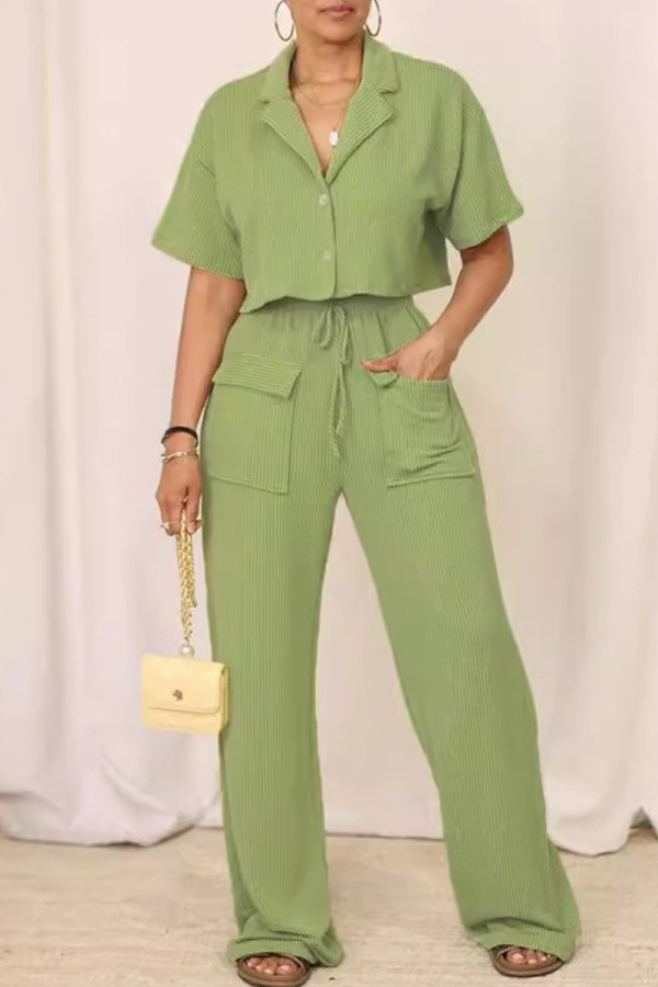 Green Casual Solid Color Pocket Buckle Patchwork Turndown Collar Short Sleeve Two Pieces
