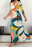 Multicolor Elegant Geometric Print Lace Up Contrast V Neck Printed Dresses
