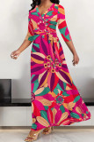 Multicolor Elegant Geometric Print Lace Up Contrast V Neck Printed Dresses