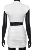 White Sexy Solid Color Patchwork Ruched O Neck Two Pieces