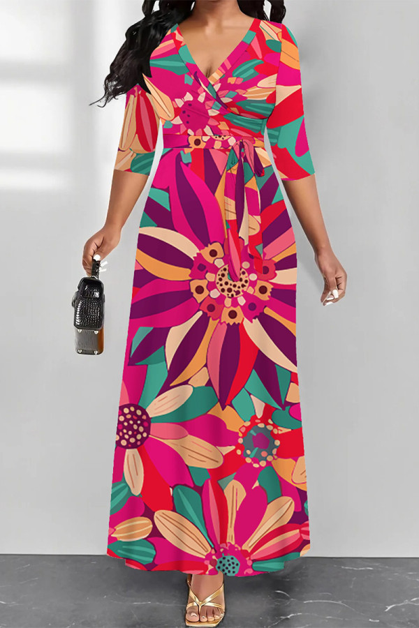 Rose Red Elegant Geometric Print Lace Up Contrast V Neck Printed Dresses