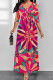 Rose Red Elegant Geometric Print Lace Up Contrast V Neck Printed Dresses