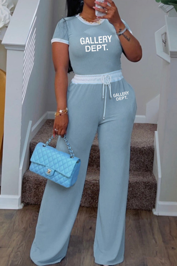 Sky Blue Casual Letters Draw String Pocket Patchwork O Neck Short Sleeve Two Pieces