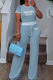 Sky Blue Casual Letters Draw String Pocket Patchwork O Neck Short Sleeve Two Pieces