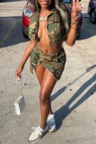 Army Green Sexy Casual Camouflage Print Irregular Turndown Collar Short Sleeve Two Pieces