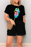 Red Casual Daily Tongue print Draw String Pocket O Neck Loose Rompers
