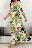 Multicolor Elegant Geometric Print Lace Up Contrast V Neck Printed Dresses