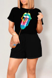 Red Casual Daily Tongue print Draw String Pocket O Neck Loose Rompers