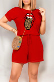 Red Casual Daily Tongue print Draw String Pocket O Neck Loose Rompers