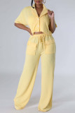 Green Casual Solid Color Pocket Buckle Patchwork Turndown Collar Short Sleeve Two Pieces