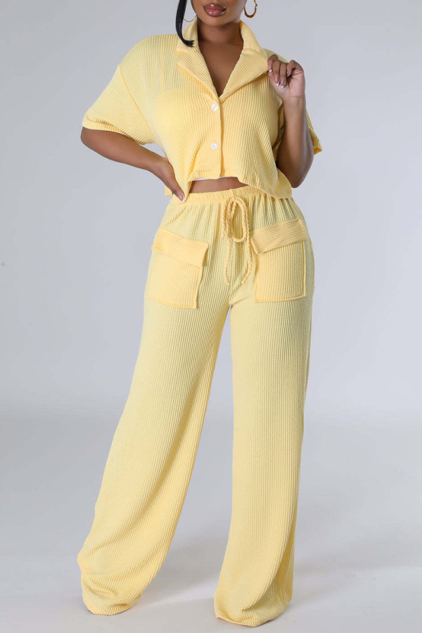 Yellow Casual Solid Color Pocket Buckle Patchwork Turndown Collar Short Sleeve Two Pieces